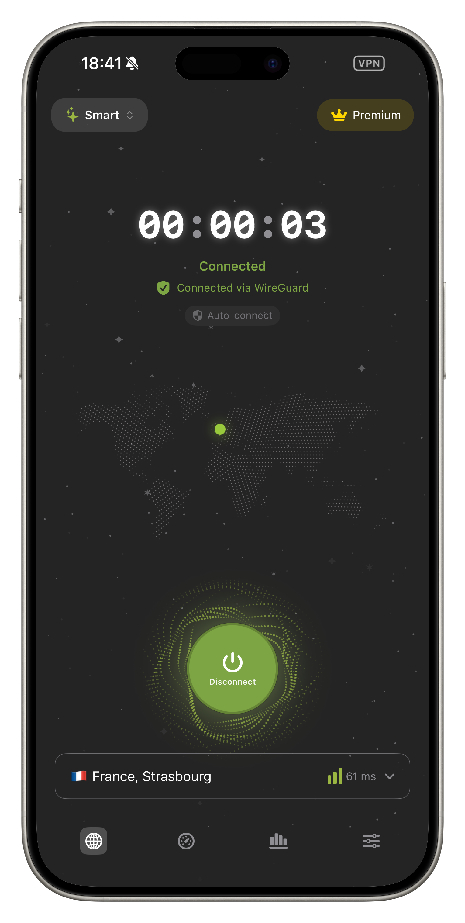 FollowNet VPN on iPhone — main connect screen