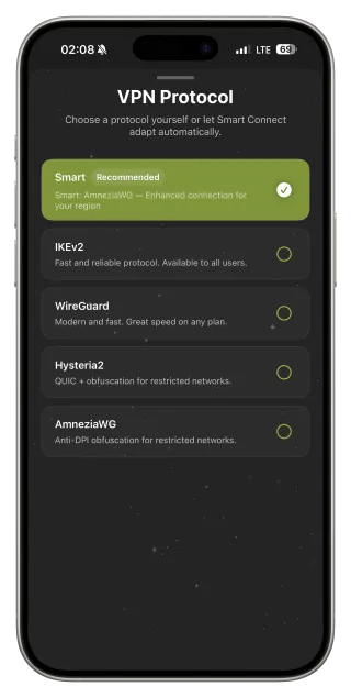 Виберіть WireGuard чи IKEv2 вручну або залиште Smart.