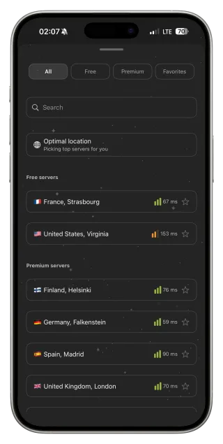 Die Serverliste mit Ping, Free- und Premium-Standorten und Favoriten.