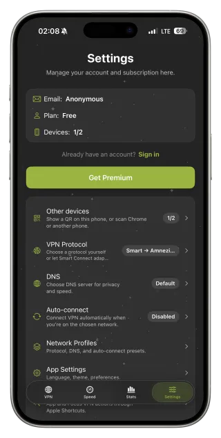 Einstellungen: Protokoll, DNS, automatisch verbinden, Netzwerkprofile und weitere Geräte.