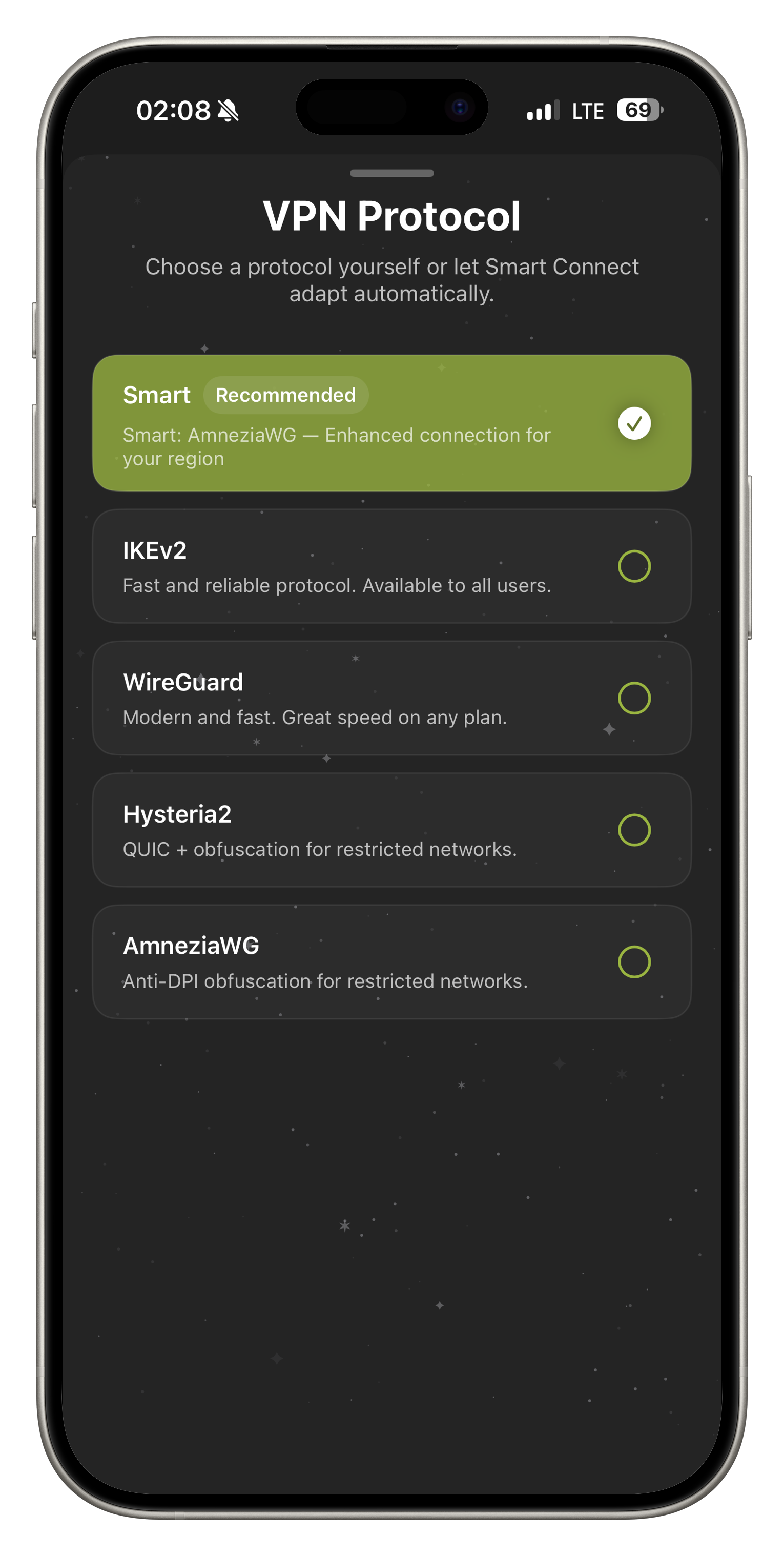 FollowNet VPN — protocol picker